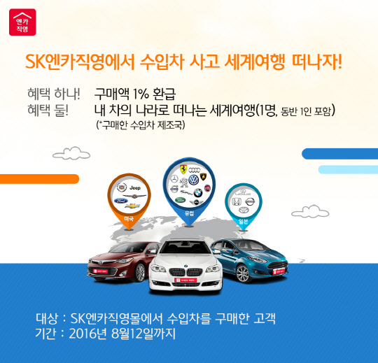 SK엔카직영은 SK엔카직영몰에서 수입차를 구매하는 소비자를 대상으로 차 구매액의 1%를 돌려주고, 수입차 제조국으로 여행을 보내주는 행사를 8월12일까지 한다. <SK엔카직영 제공>